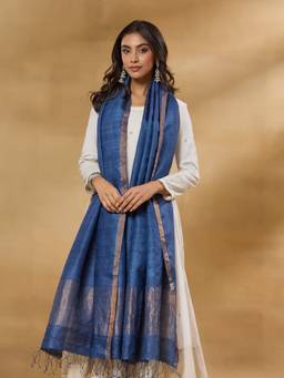 Fabindia - Navy Silk Blend Hand Woven Solid Zari Dupatta