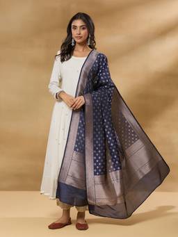 Fabindia - Navy Viscose Silk Blend Woven Buti Dupatta