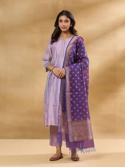 Fabindia - Purple Cotton Silk Blend Woven Buti Dupatta