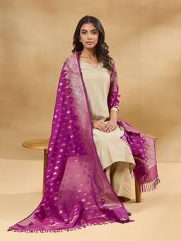 Fabindia - Purple Viscose Silk Blend Woven Buti Dupatta