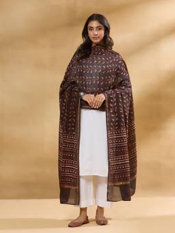 Fabindia - Brown Cotton Silk Blend Dabu Dupatta