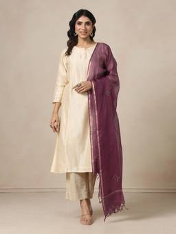 Fabindia - Mauve Silk Blend Metallic Embroideries Dupatta