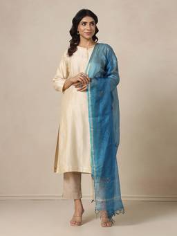 Fabindia - Blue Silk Blend Metallic Embroideries Dupatta