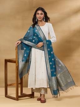 Fabindia - Teal Cotton Silk Blend Woven Buti Dupatta