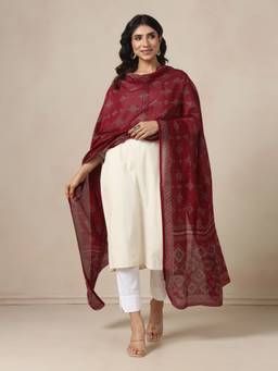 Fabindia - Burgundy Cotton Silk Printed Dupatta