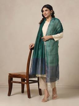 Fabindia - Teal Viscose Silk Blend Hand Woven Dupatta