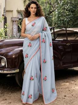 Doria Lifestyle - Ice Blue Embroidered Kota Saree