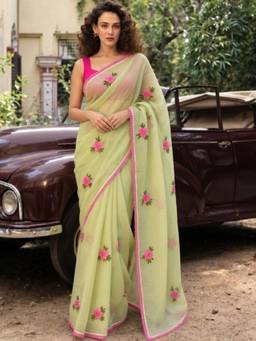 Doria Lifestyle - Green Pink Embroidered Kota Saree