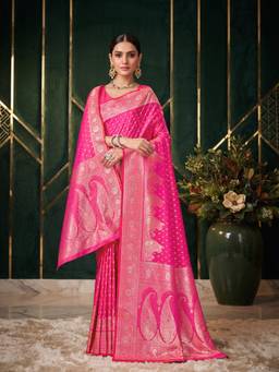 Monjolika Fashion - Pink Banarasi Style Soft Silk Saree With Dupatta