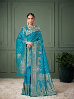 Monjolika Fashion - Turquoise Banarasi Style Soft Silk Saree With Dupatta