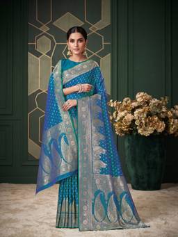 Monjolika Fashion - Teal blue Banarasi Style Soft Silk Saree With Dupatta