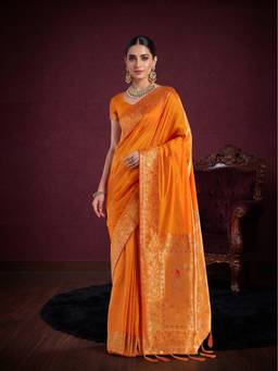 Monjolika Fashion - Orange Kanjivaram Style Banarasi Soft Silk Saree