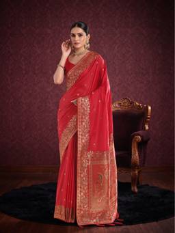 Monjolika Fashion - Red Kanjivaram Style Banarasi Soft Silk Saree