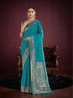 Monjolika Fashion - Turquoise Kanjivaram Style Banarasi Soft Silk Saree