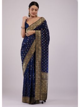 KALKI FASHION - Intricately Detailed Navy Blue Silk Saree with Unstitched Blouse