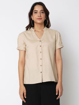 Not So Pink - Solid Beige Formal Shirt with Ruffle Detail