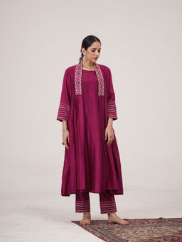 Hirika & Dhruti - Magenta Light Pleated Inner Anarkali with Pant and Jacket (Set of 3)