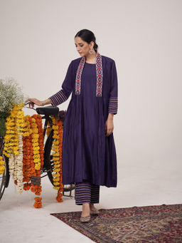 Hirika & Dhruti - Blue Light Pleated Inner Anarkali with Pant and Jacket (Set of 3)