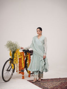 Hirika & Dhruti - Blue Hand Embroidered Metal Tikki Angarkha with Pant and Dupatta (Set of 3)