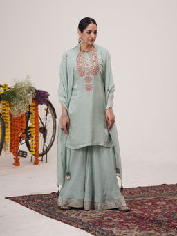 Hirika & Dhruti - Blue Resham Hand Embroidered Kurta with Palazzo and Dupatta (Set of 3)