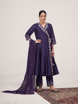 Hirika & Dhruti - Blue Flower Gotta Angarkha with Pant and Dupatta (Set of 3)