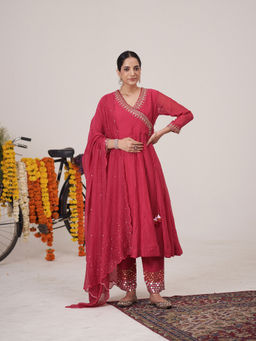 Hirika & Dhruti - Pink Flower Gotta Angarkha with Pant and Dupatta (Set of 3)