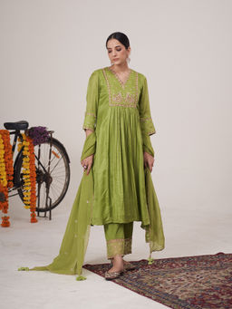 Hirika & Dhruti - Green Hand Embroidered Anarkali with Pant and Palazzo (Set of 3)