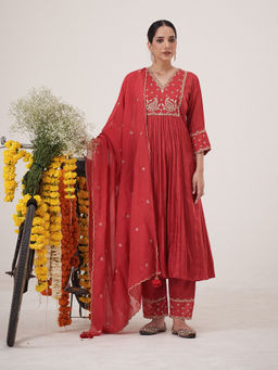 Hirika & Dhruti - Hand Embroidered Anarkali with Pant and Dupatta (Set of 3)