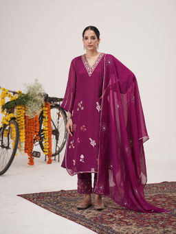 Hirika & Dhruti - Magenta A Line Hand Embroidered Kurta with Pant and Dupatta (Set of 3)