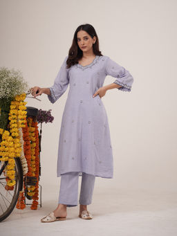 Hirika & Dhruti - Blue Hand Embroidered Butti A Line Anarkali with Pant. (Set of 2)