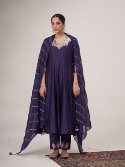 Hirika & Dhruti - Blue Hand Embroidered Kalli Anarkali with Pant and Dupatta (Set of 3)