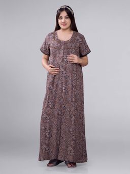 Mamma's Maternity - Brown Printed Maternity Nighty