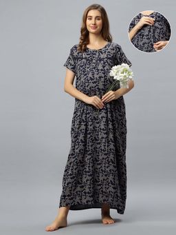 Mamma's Maternity - Navy Blue Printed Maternity Nighty