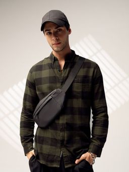 The Bear House - Men's Olive Checked Flannel Slim Fit Casual Shirt