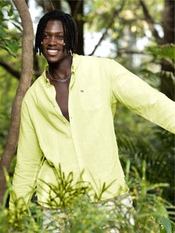 The Bear House - Men Green Slim Striped Linen Casual Shirt