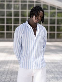 The Bear House - Men Blue Striped Cotton Casual Shirt