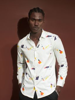 The Bear House - Ardor Edition Men White Slim Fit Digital Printed Cotton Casual Shirt