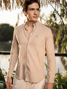 The Bear House - Men Beige Solid Cotton Casual Shirt