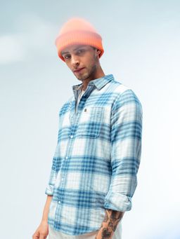 The Bear House - Men Blue & White Checked Pure Cotton Flannel Casual Shirt