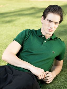 The Bear House - Men Green Solid Slim Fit Cotton Polo Collar T-Shirt