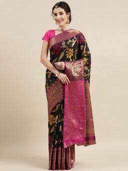 Vastranand - Black & Pink Woven Design Zari Silk Blend Kanjeevaram Saree with Unstitched Blouse