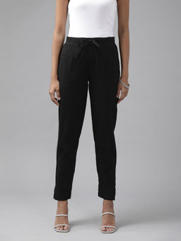Yufta - Women Black Pure Cotton Slim Fit Trousers