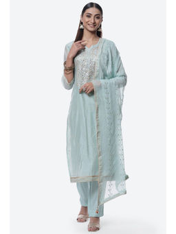 Biba - Turquoise Cotton Silk Chanderi Unstitched Suit (Set of 3)