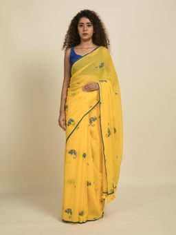 Suta - Yellow Reptile Print Mul Cotton Saree