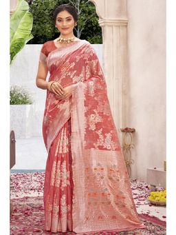 Sangam Prints - Peach Cotton Silk Woven Zari Work Traditional Saree with Unstitched Blouse