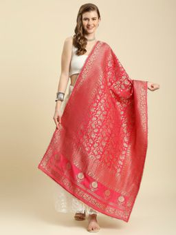 Dupatta Bazaar - Womens Rani Pink Banarasi Floral Jaal Silk Dupatta with Gold Border