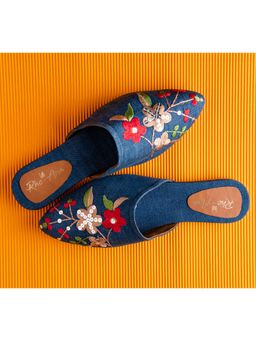 Rhe-Ana - Embroidered Denim Mules In Navy Blue