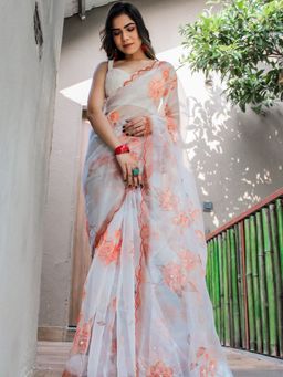 Odette - White Organza Floral Printed Saree with Unstitched Blouse