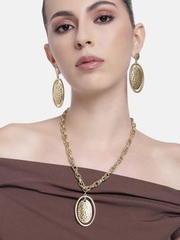 Estele - Gold Plated Dual Elliptical Shape Interconnected Beaten Gold Necklace Set for Women