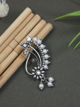 I Jewels - Silver Plated Traditional Maharashtrian Style Non Piercing White Pearl Nath